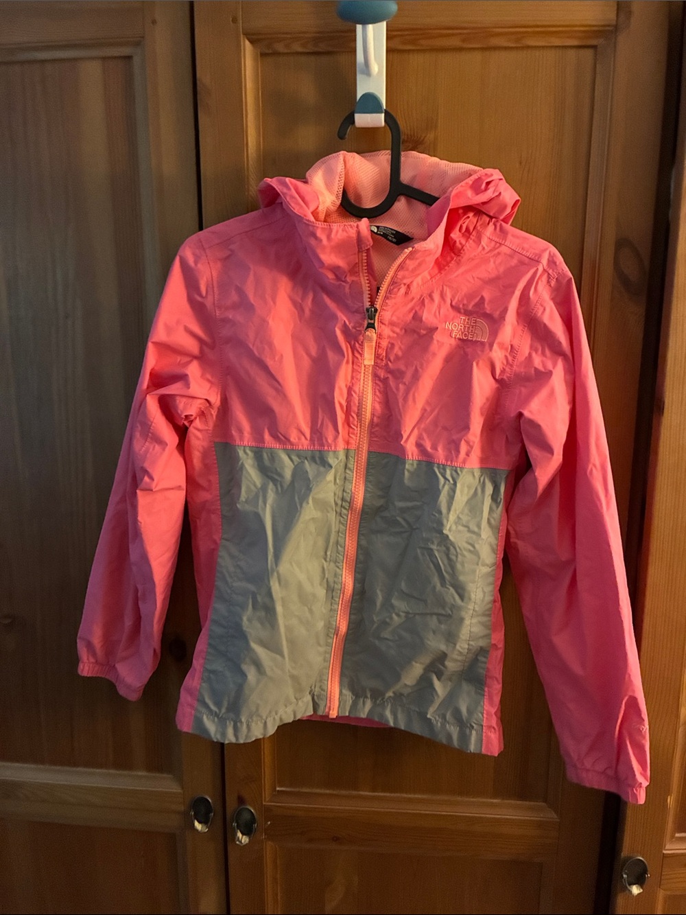 The North Face Pink and Gray Hooded Kids Rain Jacket